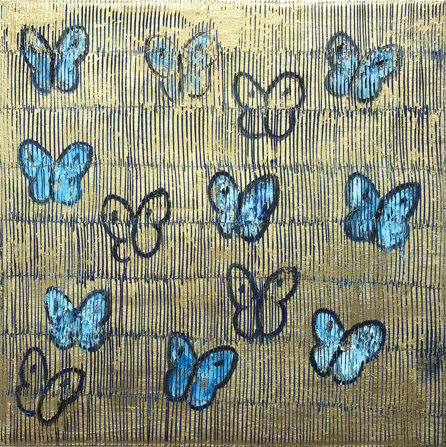Hunt Slonem Animal Painting - "Night Flight" White and Blue Butterflies with Gold Background on Canvas