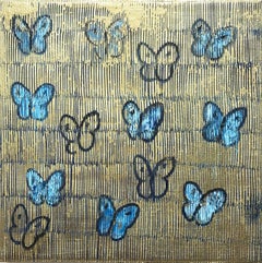 "Night Flight" White and Blue Butterflies with Gold Background on Canvas