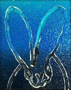 Peinture à l'huile "Vol de nuit" lapin sur fond dégradé bleu et noir