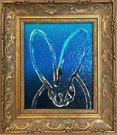 "Vuelo nocturno" Conejito de contorno sobre fondo degradado azul y negro Pintura al óleo