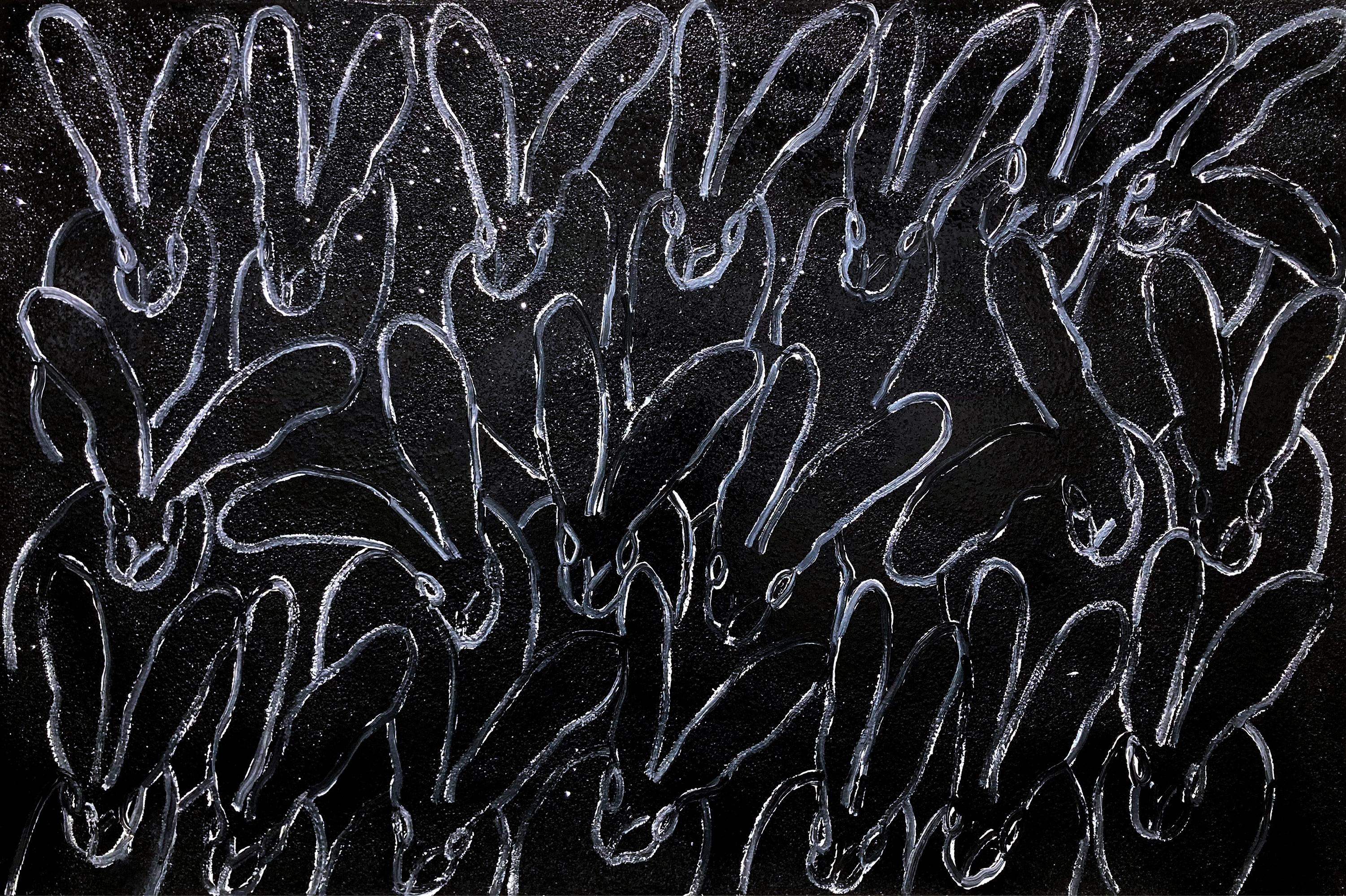 Hunt Slonem Animal Painting - "Nocturne (Hutch) Diamond Dust" White Bunnies & Black Diamond Dust Oil on Canvas