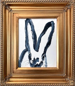 "Noelie" Black Bunny on White Background Oil Painting on Wood Panel Framed