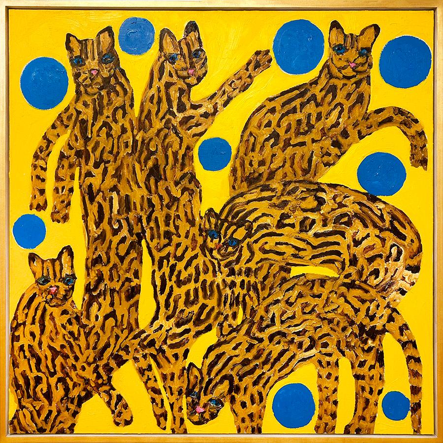 Artist:  Slonem, Hunt
Title: Ocelots & Blue Pearl
Date:  2022
Medium:  Oil on canvas
Unframed Dimensions:  48" x 48"
Framed Dimensions: 50" x 50"
Signature:  Signed verso
Edition:  Unique