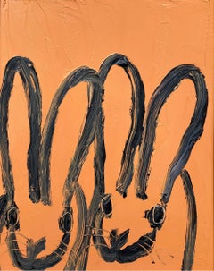 "Orange Pair" Double Bunnies on Orange Background Oil Painting on Wood Framed