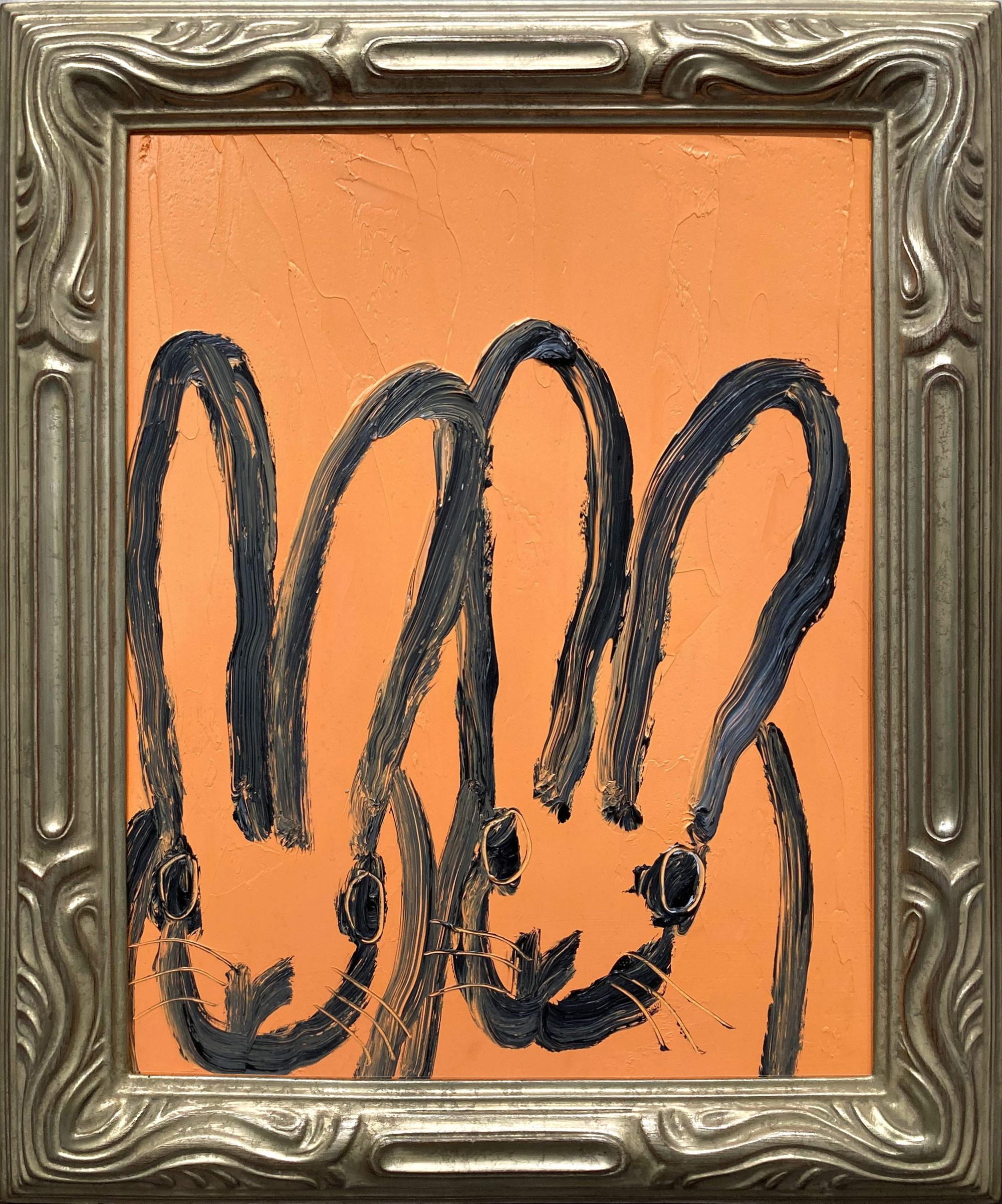 Hunt Slonem Abstract Painting - "Orange Pair" Double Bunnies on Orange Background Oil Painting on Wood Framed