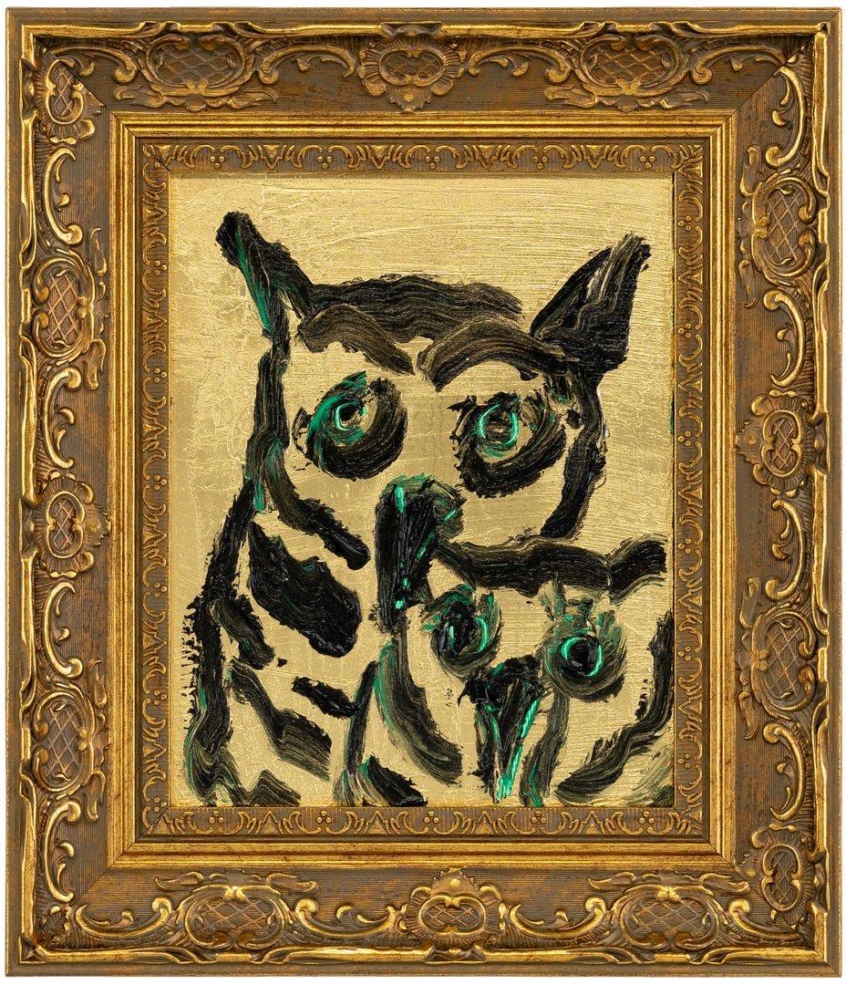 Animal Painting Hunt Slonem - Peinture à l'huile originale or, noire et verte des hiboux dans un cadre vintage