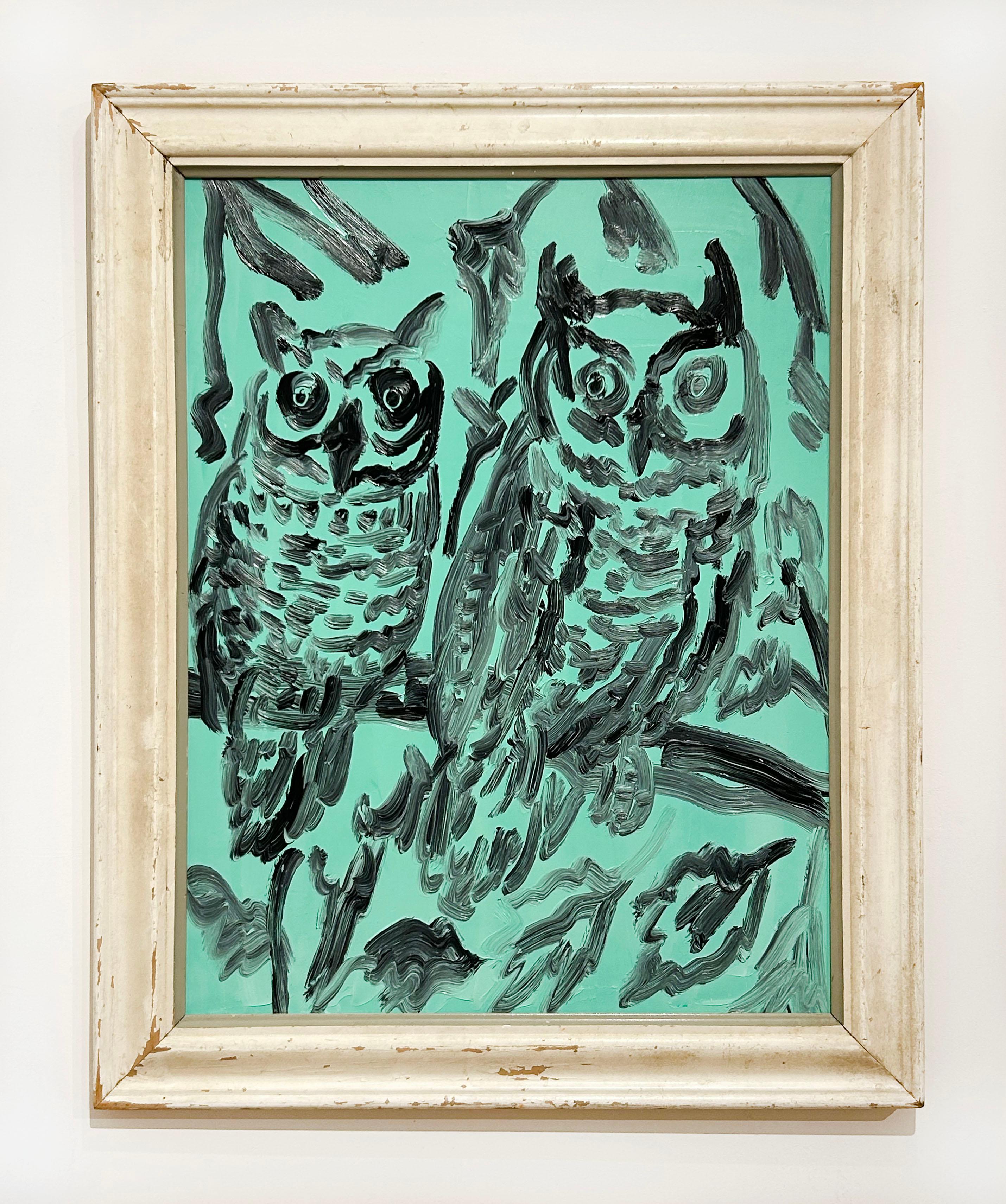 Owls Range - Gray Animal Painting by Hunt Slonem