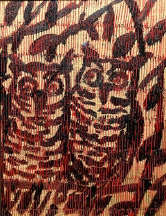 "Owls Tatiana" Two Owl Birds with Golden Background Oil Painting on Wood Framed