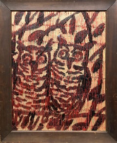 "Owls Tatiana" Two Owl Birds with Golden Background Oil Painting on Wood Framed