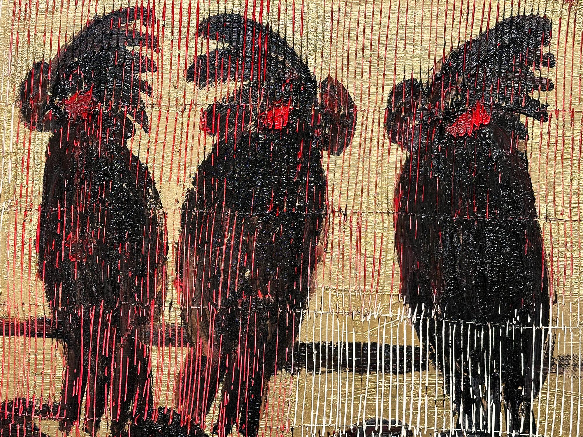 A wonderful composition of one of Slonem's most iconic subjects of Cockatoos. The thick use of paint is greatly recognizable as he slathers on layer after layer of black and red oil paint with a golden rich background. He then draws in these