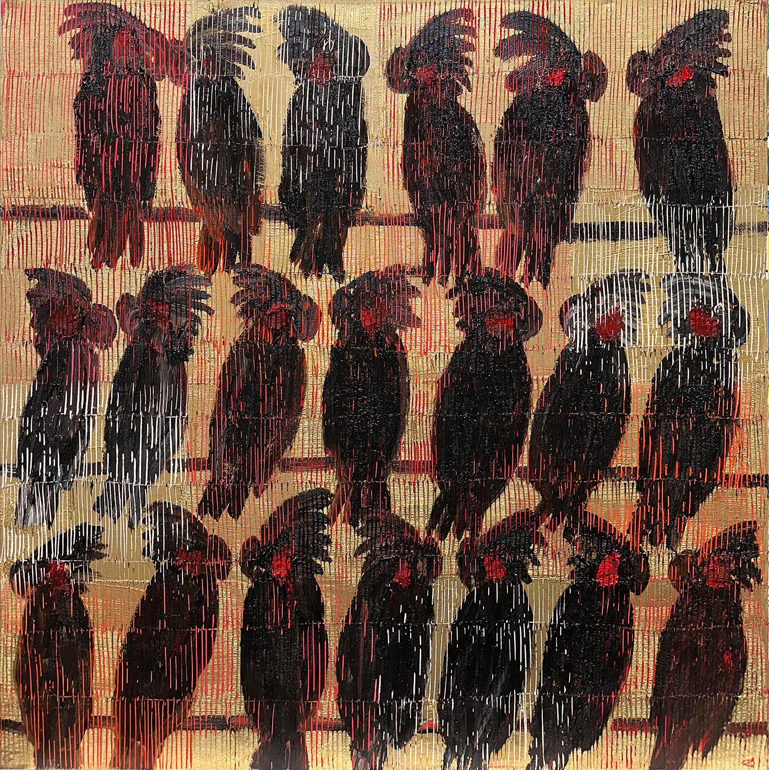 "Cacatúas palmeras" Cacatúas negras y rojas con fondo dorado rayado sobre lienzo