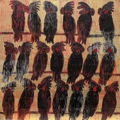Vintage "Palm Cockatoos" Black and Red Cockatoos with Gold Background on Canvas