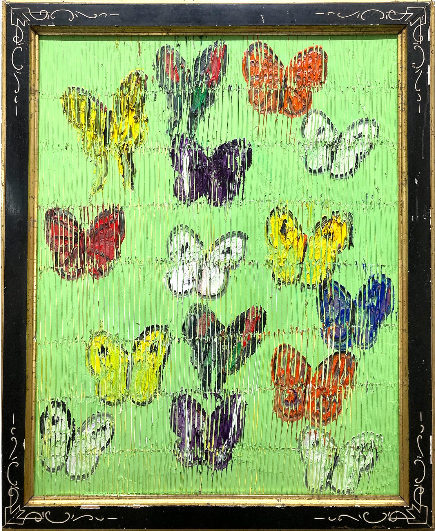 Hunt Slonem Abstract Painting - "Paris Green" Multicolor Butterflies on Green -Aesthetic Movement Eastlake Frame
