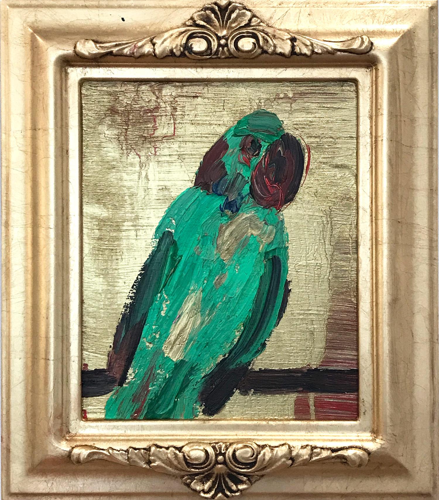 Hunt Slonem Abstract Painting - "Parrot" (Green Parrot with Gold Background on Wood Panel)