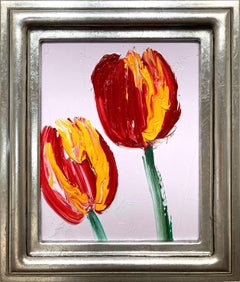 Peinture à l'huile encadrée, tulipes sur fond lavande claire