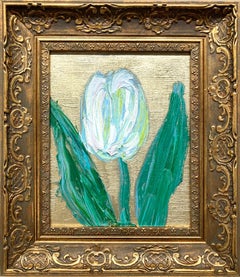 „Pat“ Weiße Tulpe auf goldenem Hintergrund, Ölgemälde auf Holzplatte, gerahmt