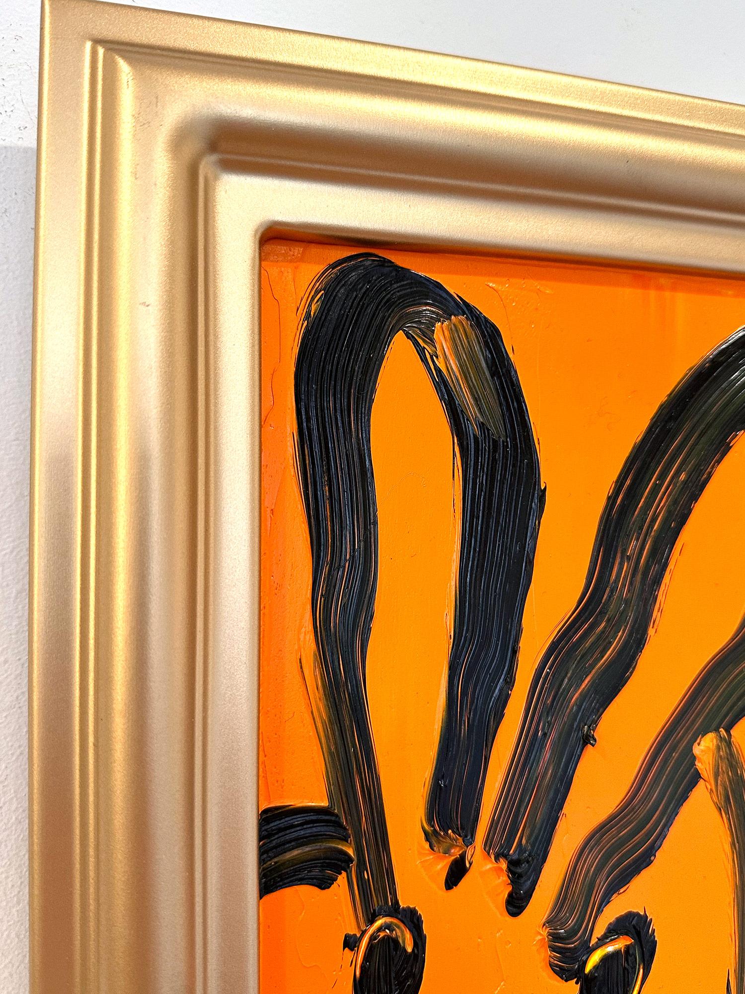 „Patch“ Schwarzes Outline Bunny auf Tangerine Oranges Ölgemälde auf Holzplatte im Angebot 6