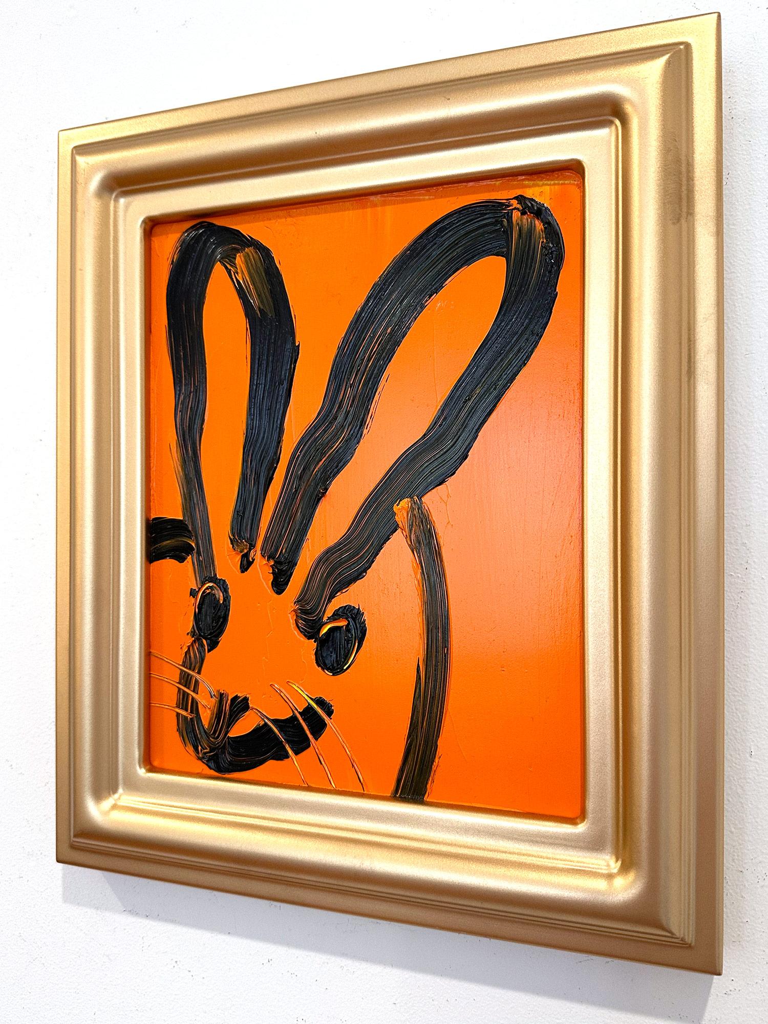 „Patch“ Schwarzes Outline Bunny auf Tangerine Oranges Ölgemälde auf Holzplatte im Angebot 7