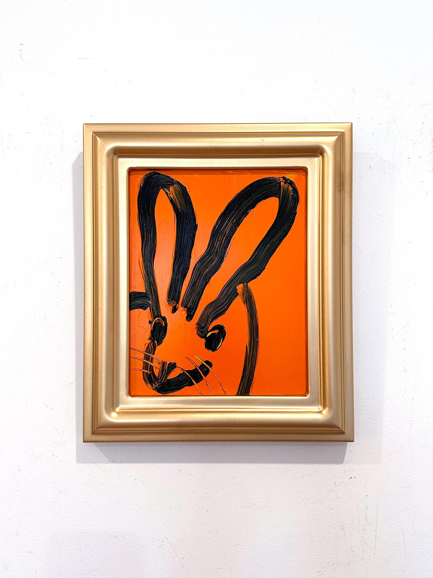 „Patch“ Schwarzes Outline Bunny auf Tangerine Oranges Ölgemälde auf Holzplatte im Angebot 8