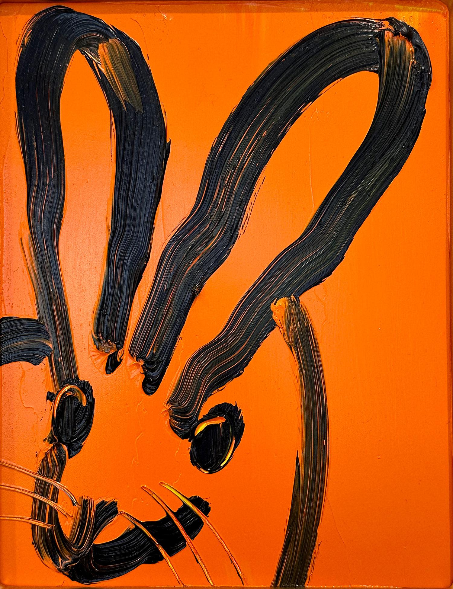 „Patch“ Schwarzes Outline Bunny auf Tangerine Oranges Ölgemälde auf Holzplatte – Painting von Hunt Slonem