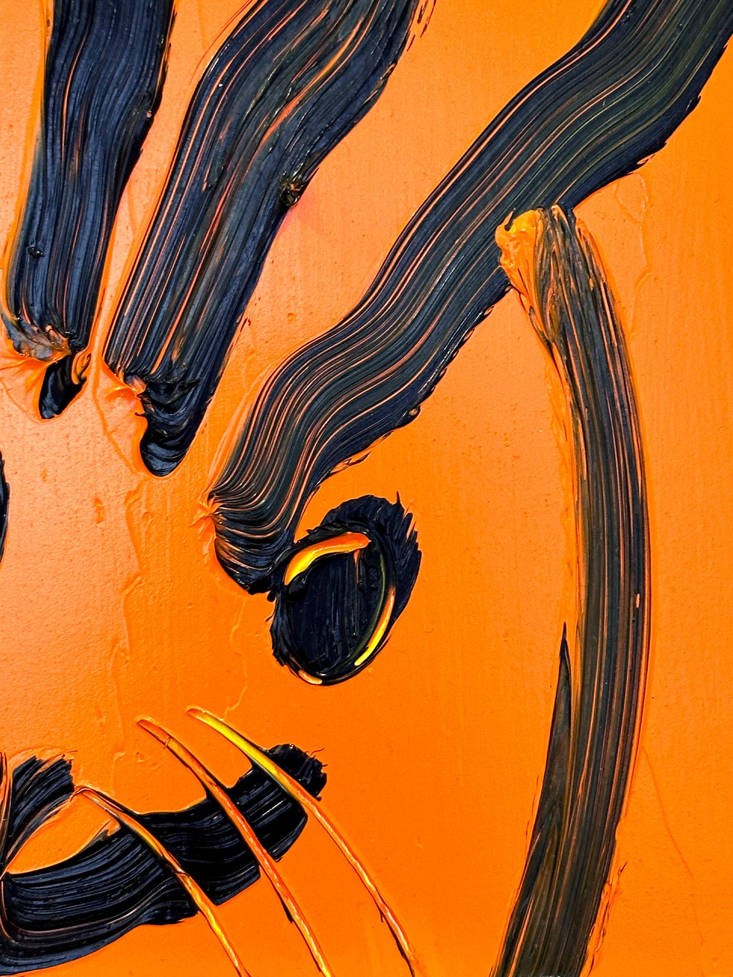 „Patch“ Schwarzes Outline Bunny auf Tangerine Oranges Ölgemälde auf Holzplatte (Neue Wilde), Painting, von Hunt Slonem