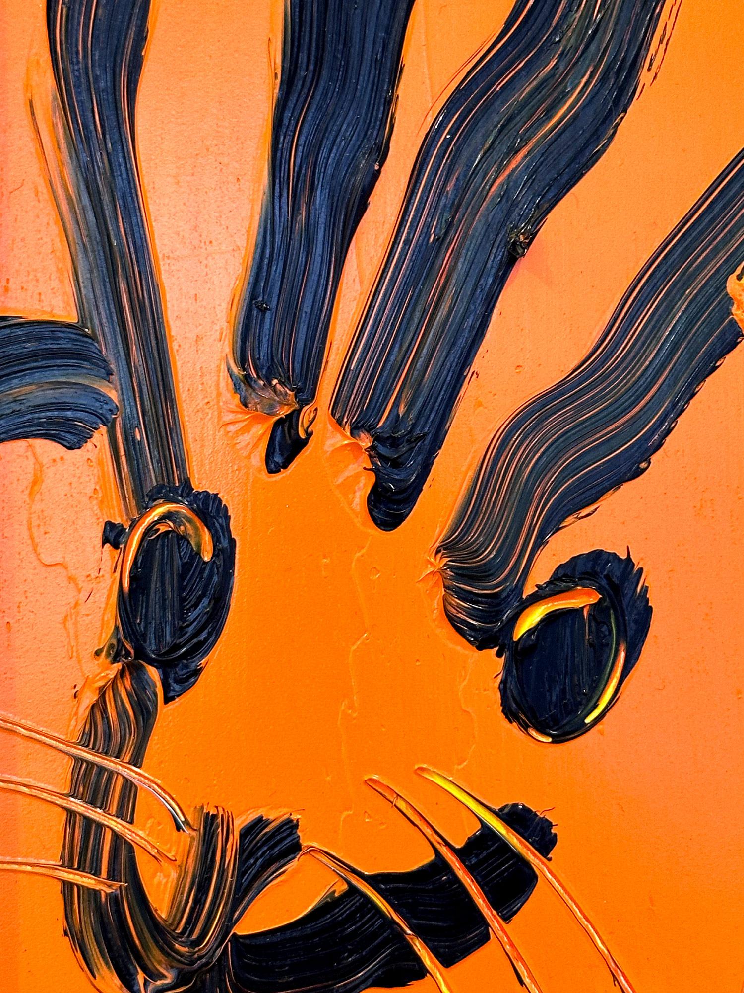 „Patch“ Schwarzes Outline Bunny auf Tangerine Oranges Ölgemälde auf Holzplatte im Angebot 1