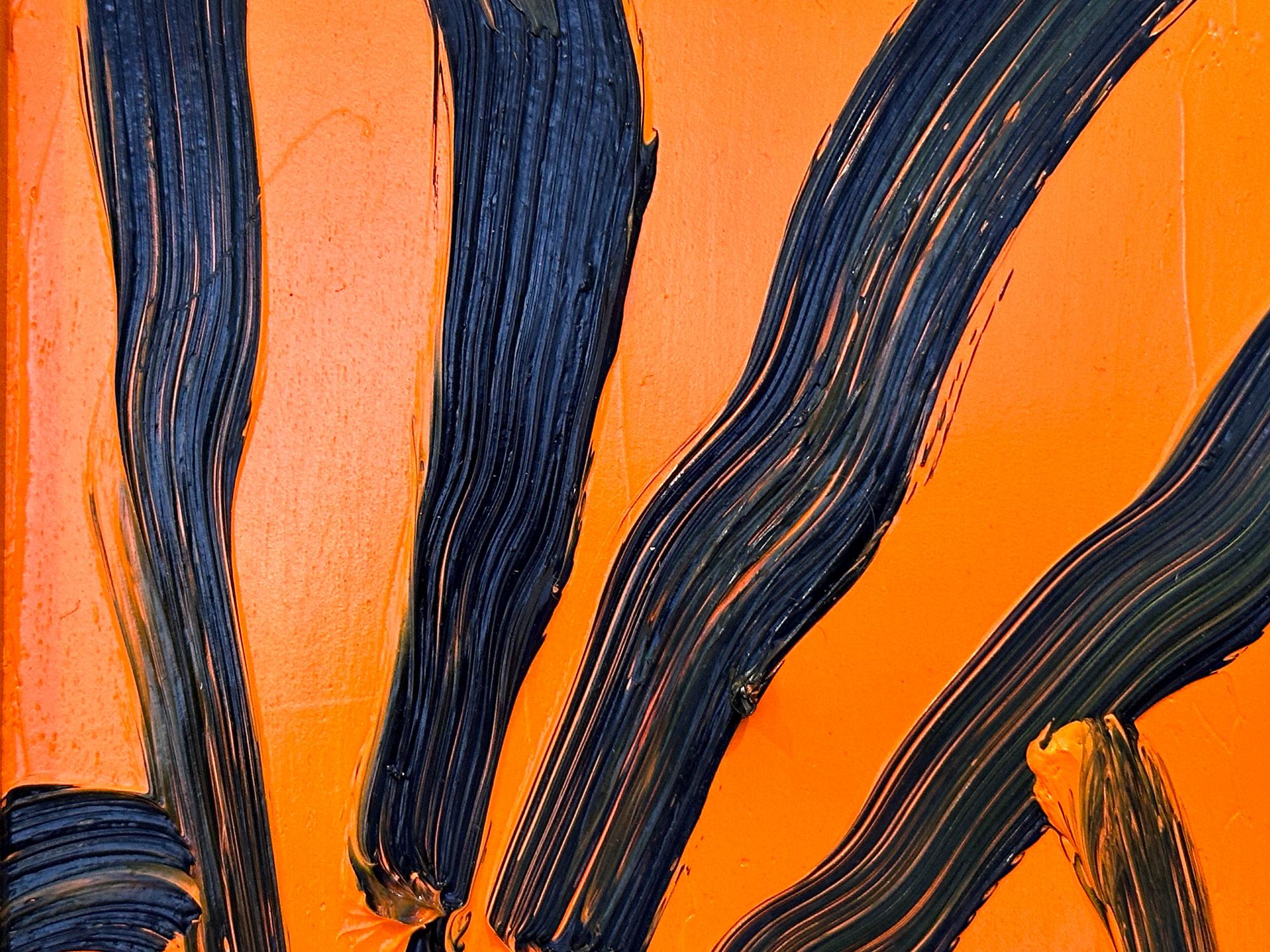 „Patch“ Schwarzes Outline Bunny auf Tangerine Oranges Ölgemälde auf Holzplatte im Angebot 3