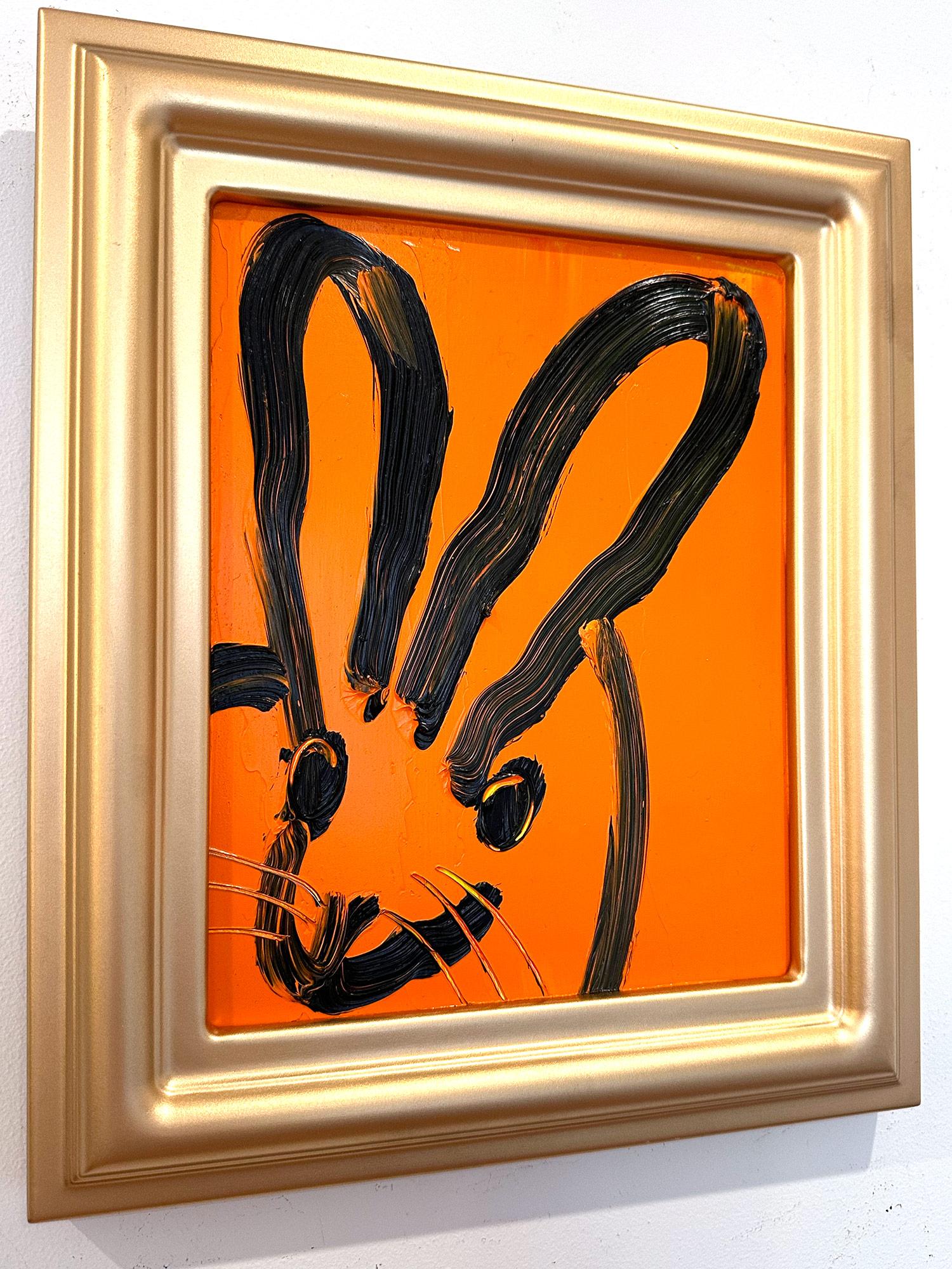 „Patch“ Schwarzes Outline Bunny auf Tangerine Oranges Ölgemälde auf Holzplatte im Angebot 4
