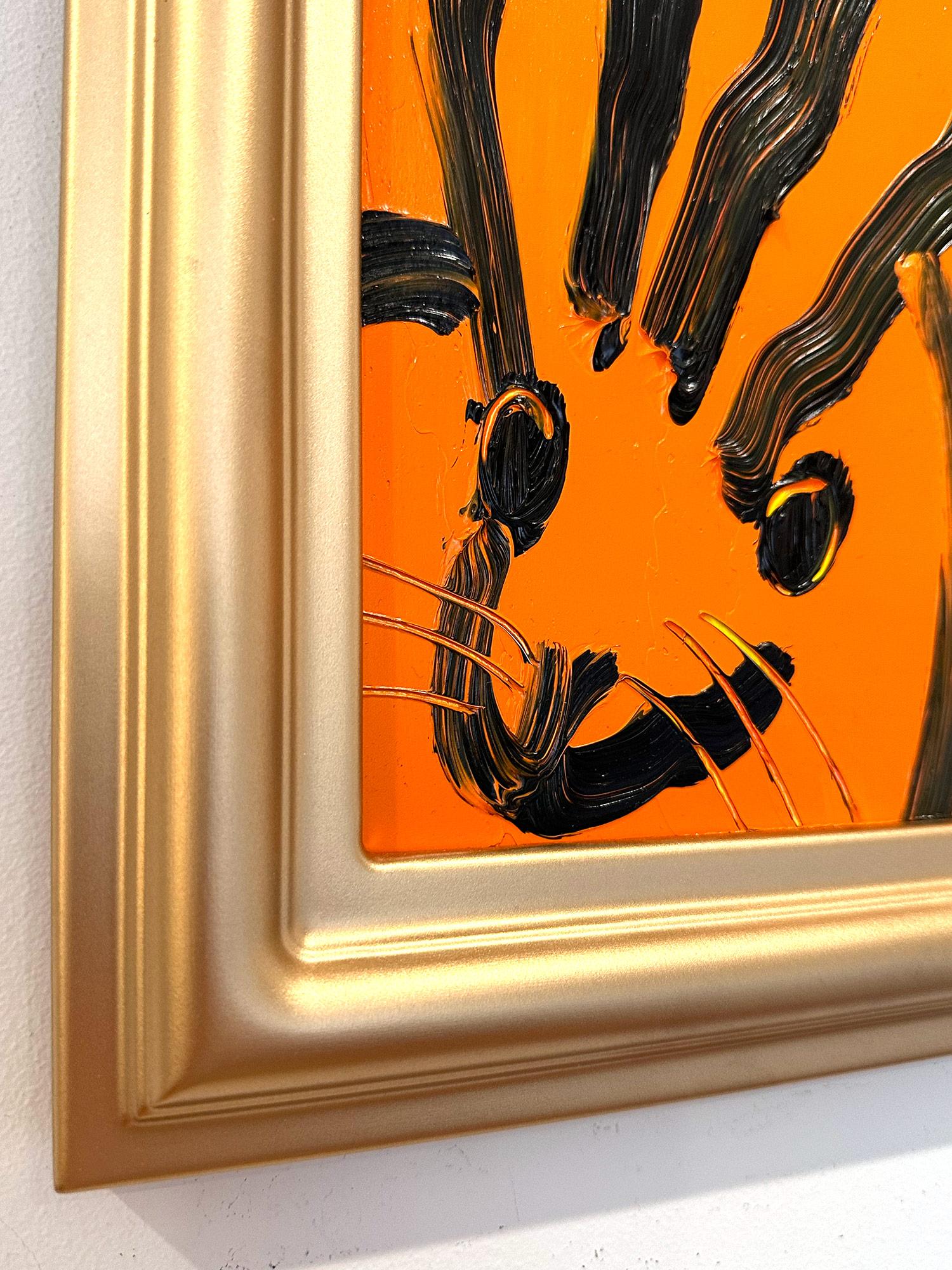 „Patch“ Schwarzes Outline Bunny auf Tangerine Oranges Ölgemälde auf Holzplatte im Angebot 5
