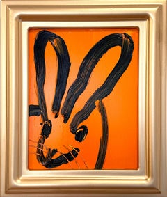 "Patch" Black Outline Bunny on Tangerine Orange Oil Painting on Wood Panel