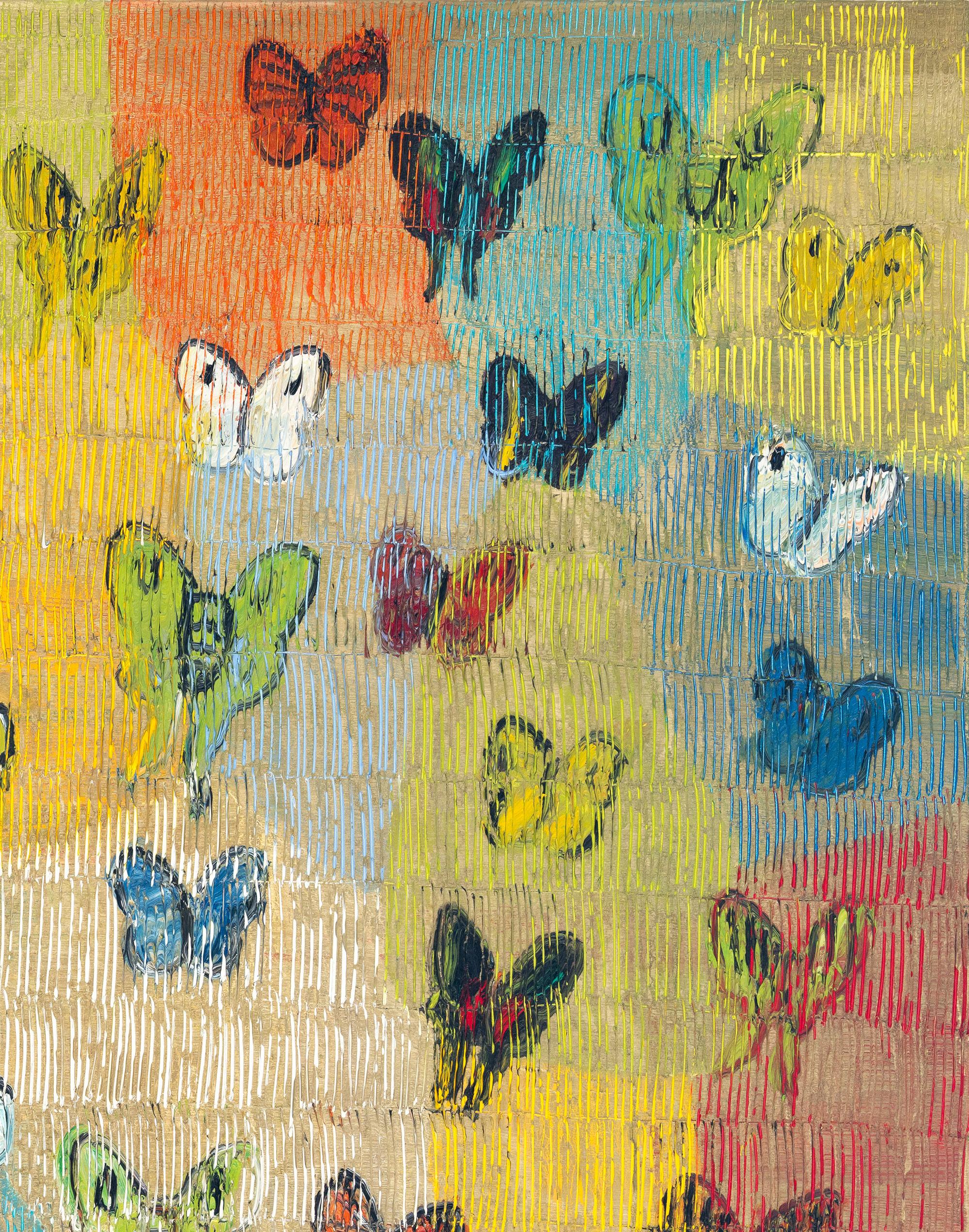 Une magnifique composition de l'un des sujets les plus emblématiques d'Icone, les papillons. Cette pièce représente de délicats papillons en ascension placés dans un magnifique paysage coloré et doré. Eleg trace ses célèbres hachures tout au long de