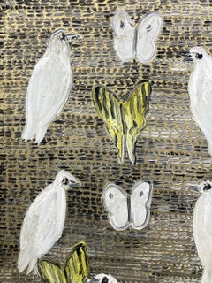 "Peace Plan" Birds & White and Yellow Butterflies on Gold Oil Painting on Canvas