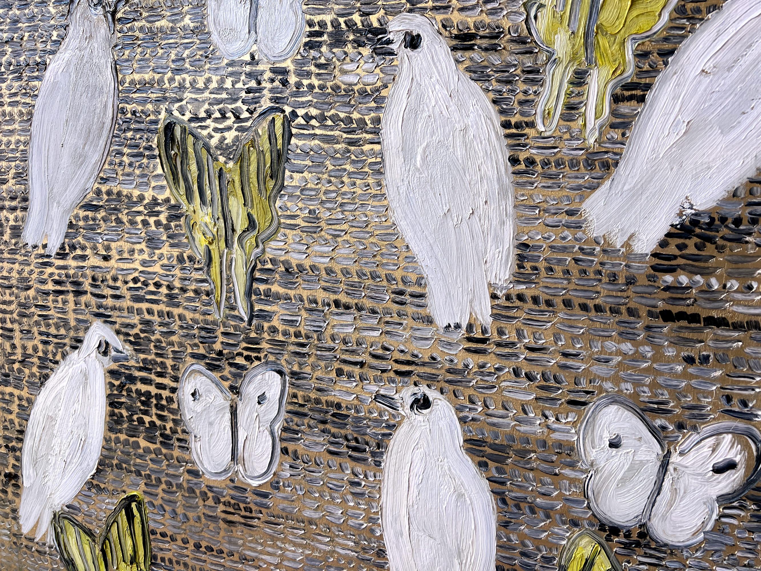 A wonderful composition of one of Slonem's most iconic subjects of Birds and Monarch butterflies. They are placed in a wonderful golden background with black marks representing the 