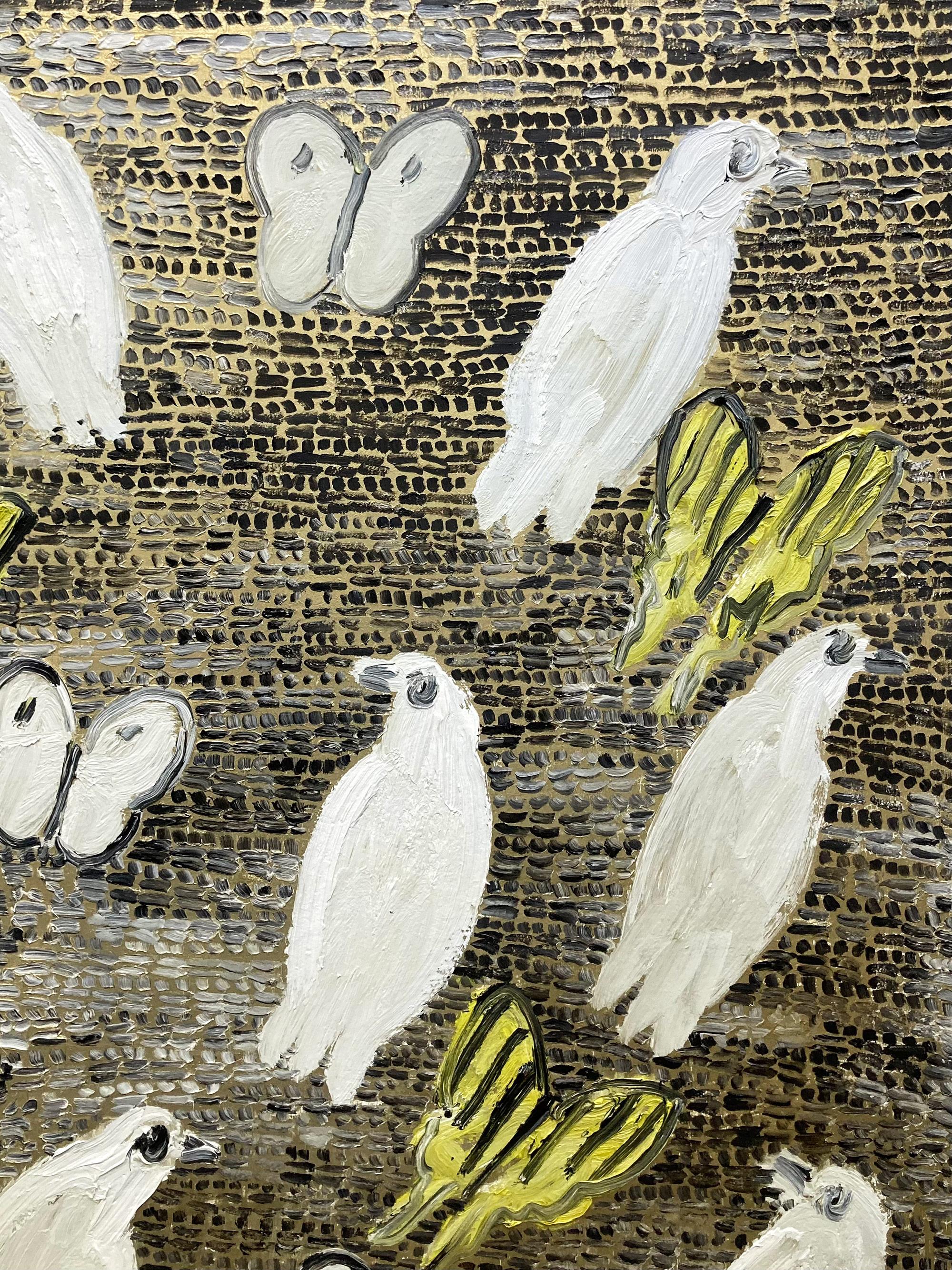 A wonderful composition of one of Slonem's most iconic subjects of Birds and Monarch butterflies. They are placed in a wonderful golden background with black marks representing the 