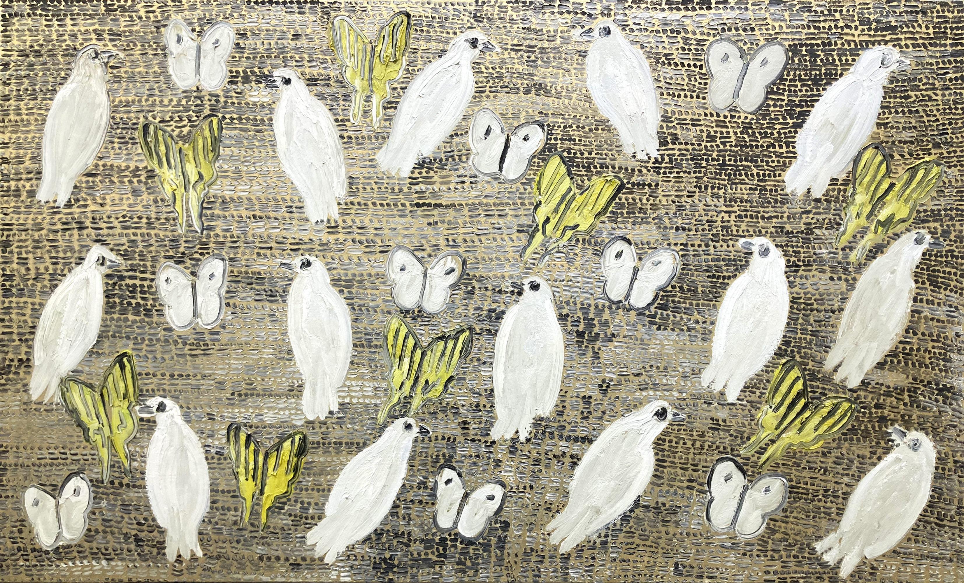 "Plan de paix" Oiseaux avec papillons blancs et jaunes sur or Peinture à l'huile sur toile