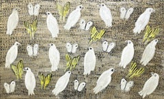 "Plan de Paz" Pájaros con Mariposas Blancas y Amarillas sobre Oro Pintura al Óleo sobre Lienzo