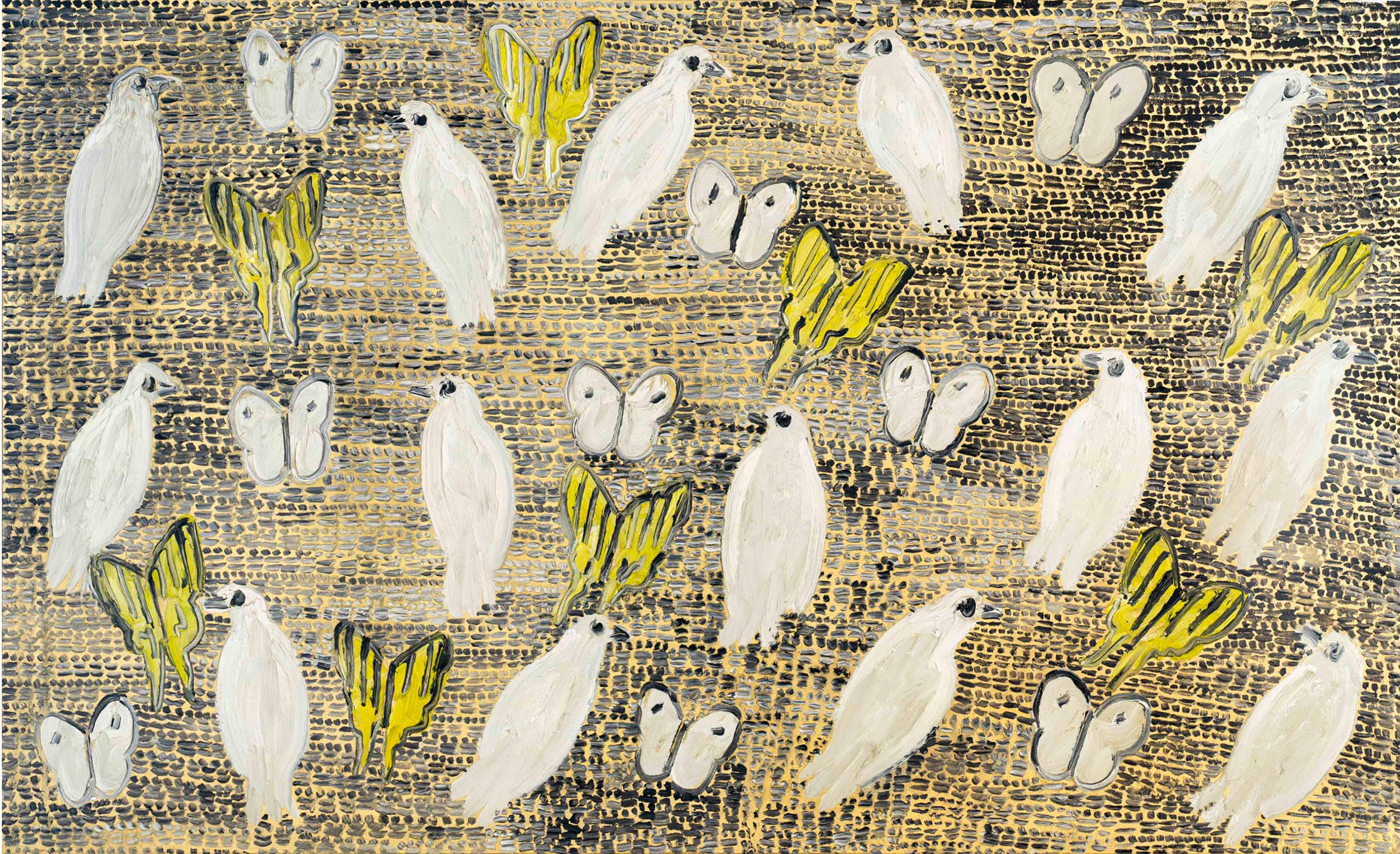 Hunt Slonem Abstract Painting - "Peace Plan" Birds w White and Yellow Butterflies on Gold Oil Painting on Canvas