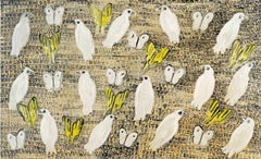 "Plan de Paz" Pájaros con Mariposas Blancas y Amarillas sobre Oro Pintura al Óleo sobre Lienzo