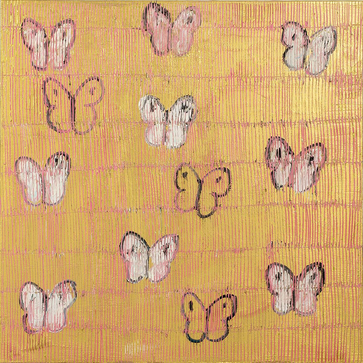 Hunt Slonem Figurative Painting - Pink Ascension "Butterfly Painting" Colorful Butterflies Gold Background