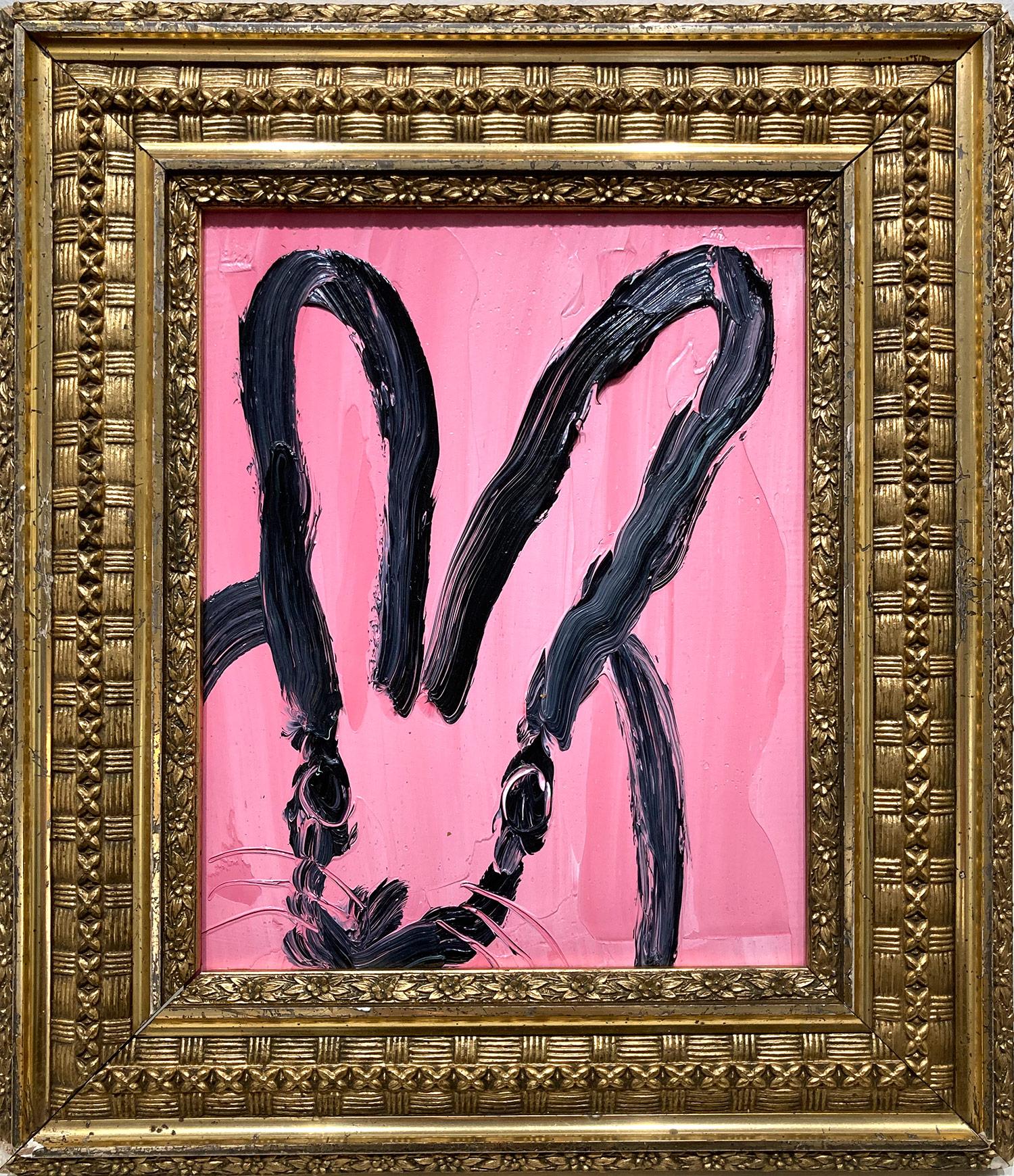 „Pink“ Schwarzer Hase auf hellrosa Hintergrund, Ölgemälde auf Holzplatte