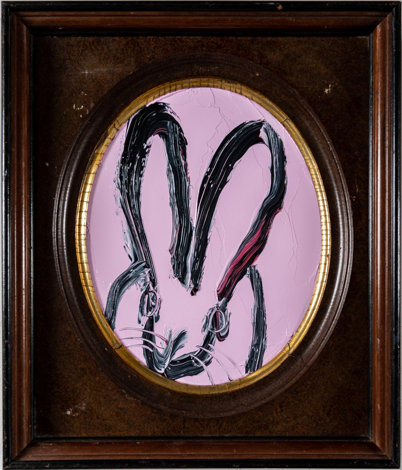 Hunt Slonem Animal Painting – Rosa „Bunny Painting“, Original-Ölgemälde in Holz, Vintage-Rahmen