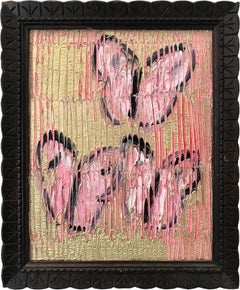 "Pink (Pink Butterflies on Gold)" Oil and Mixed Media Painting on Wood Panel