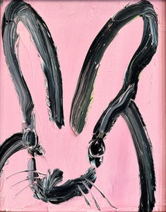 "Pink Chat" Black Bunny on Cherry Blossom Pink Background Oil Painting