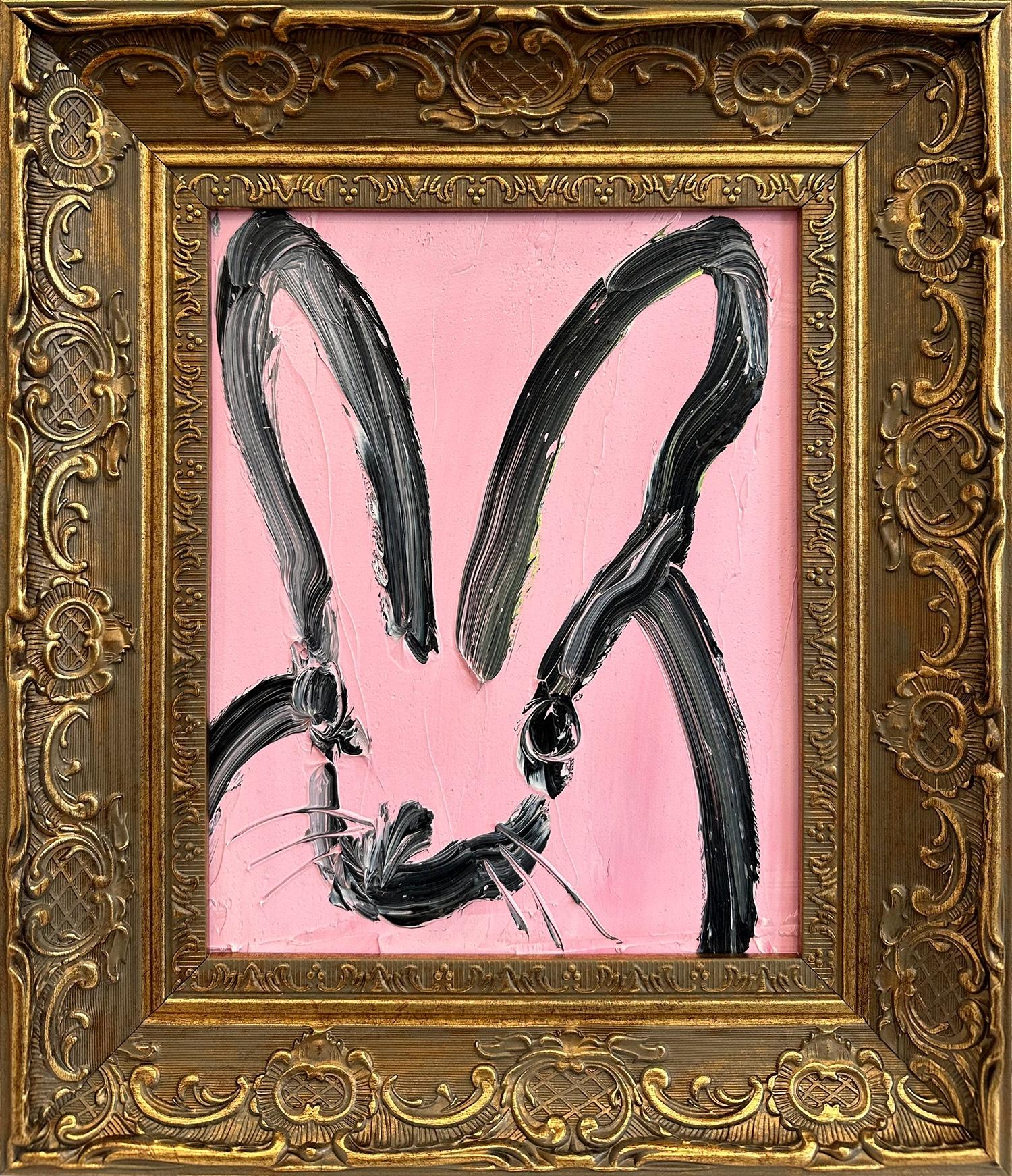 "Pink Chat" Black Bunny on Cherry Blossom Pink Background Oil Painting