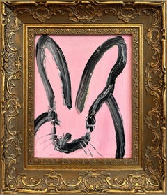 "Pink Chat" Black Bunny on Cherry Blossom Pink Background Oil Painting