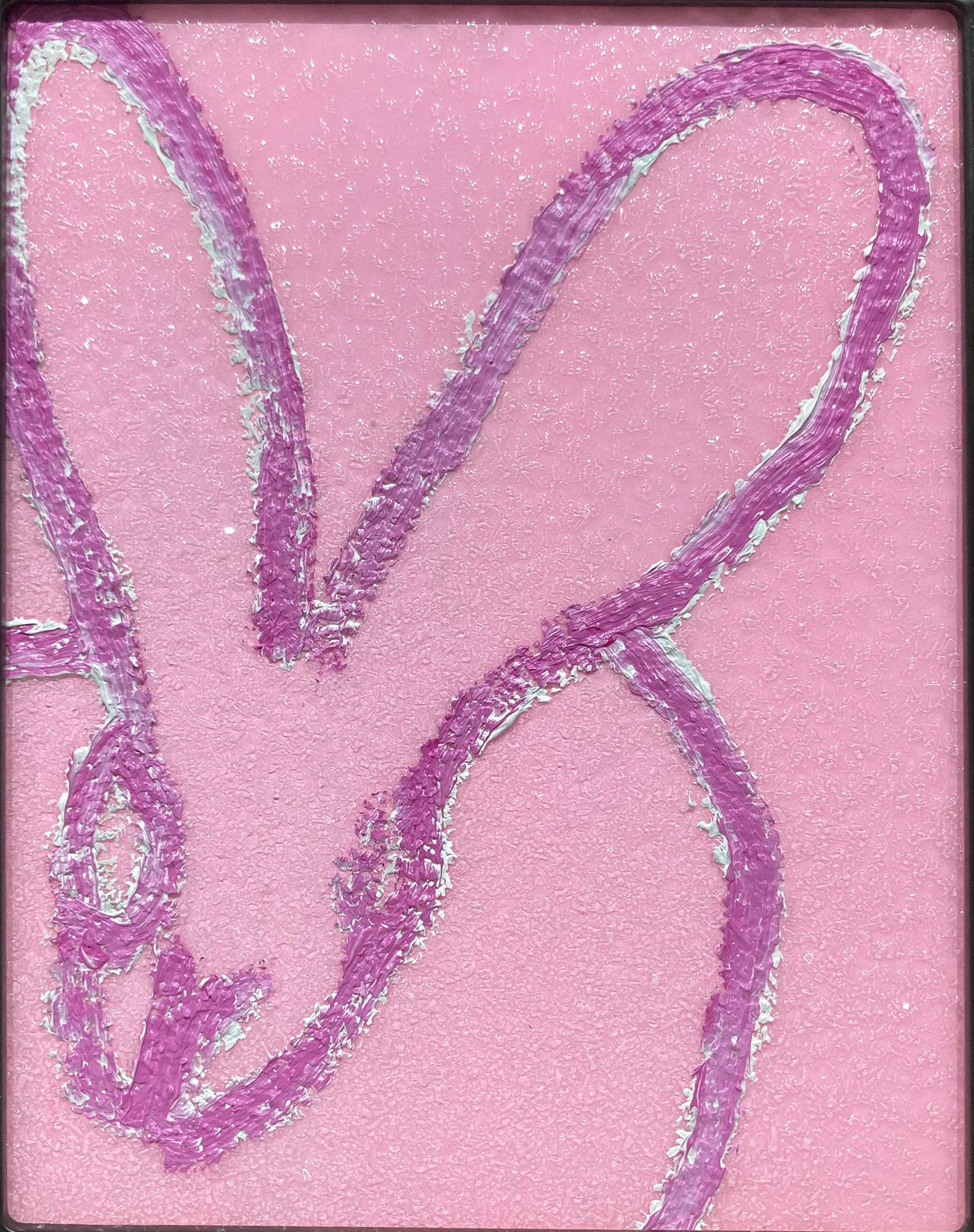 A wonderful composition of one of Slonem's most iconic subjects, Bunnies. This piece depicts a gestural figure of a dark pink bunny on a pink background with thick use of paint and diamond dust. It is housed in a wonderful antique style frame.