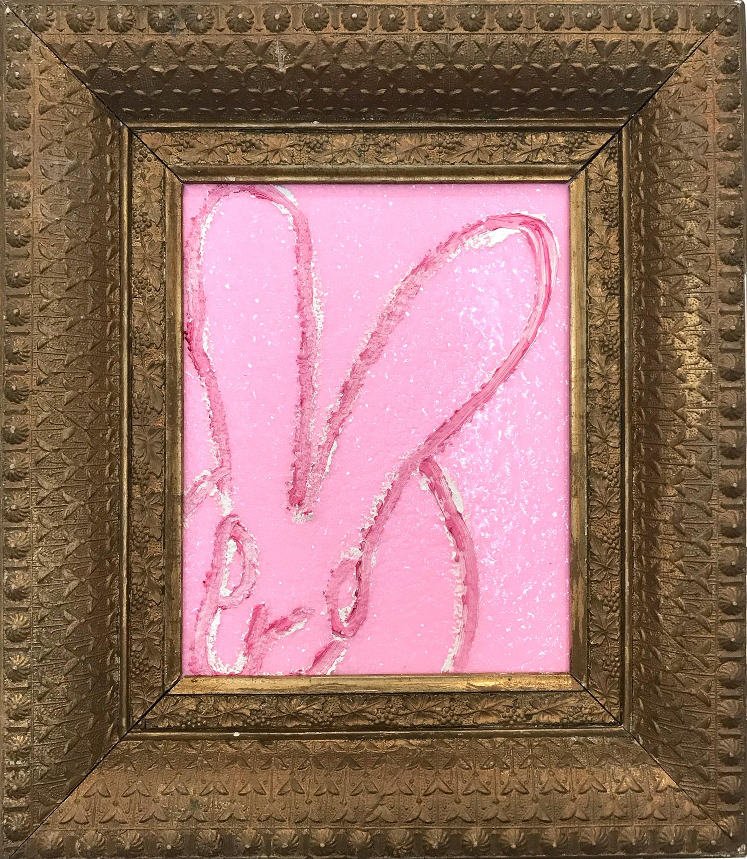 Hunt Slonem Abstract Painting - "Pink Diamond" (Resin and Diamond Dust Bunny on Pink) Oil Painting on Wood Panel
