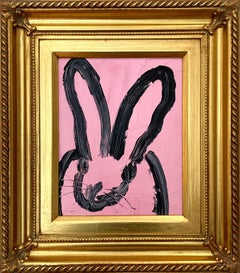 "Pink Pleasure" Black Outline Bunny on Soft Pink Background Oil Painting Framed