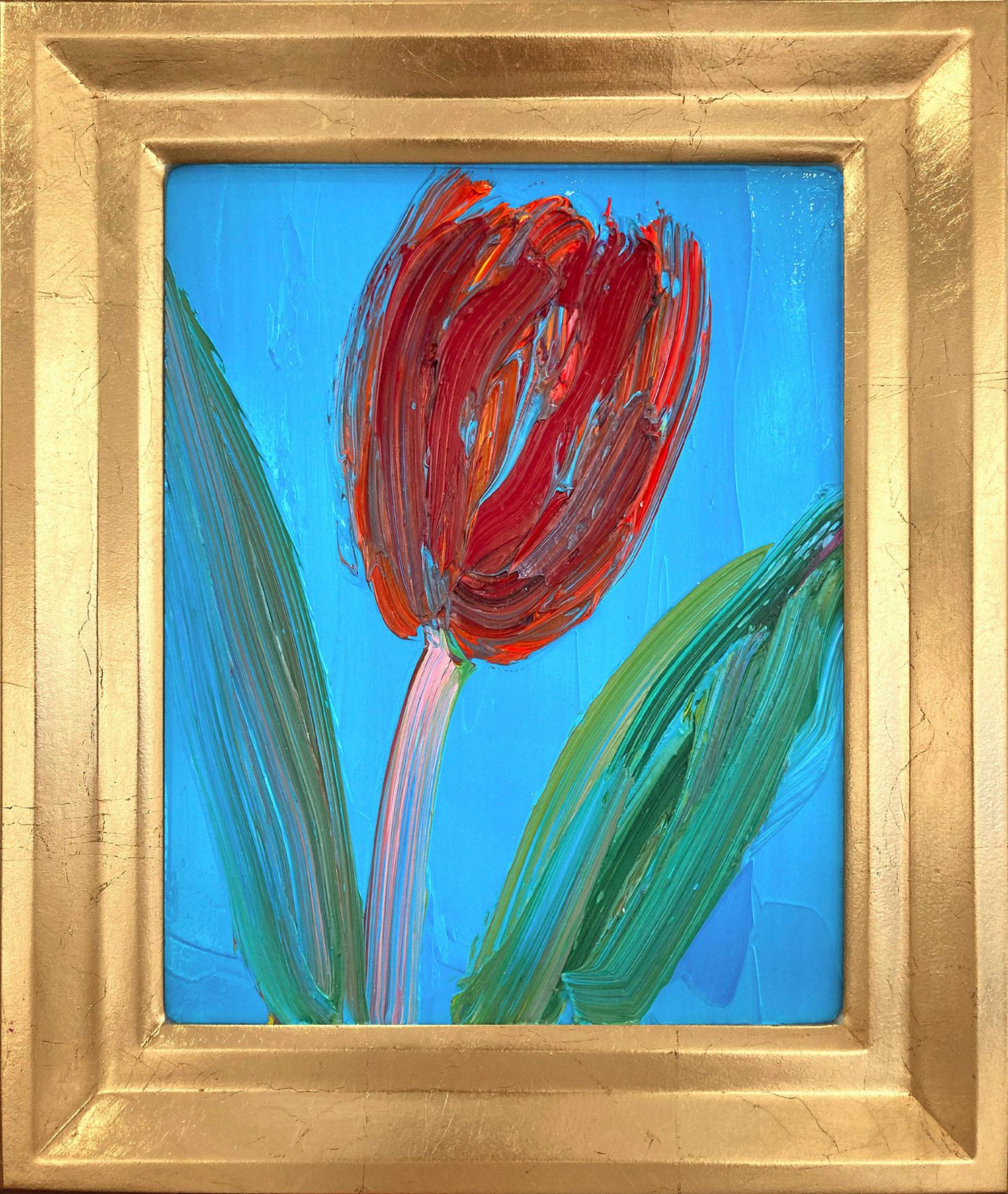 « Pink Stem », tulipe rouge sur fond bleu céruléen clair, peinture à l'huile encadrée