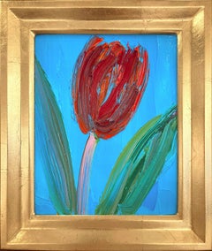 « Pink Stem », tulipe rouge sur fond bleu céruléen clair, peinture à l'huile encadrée
